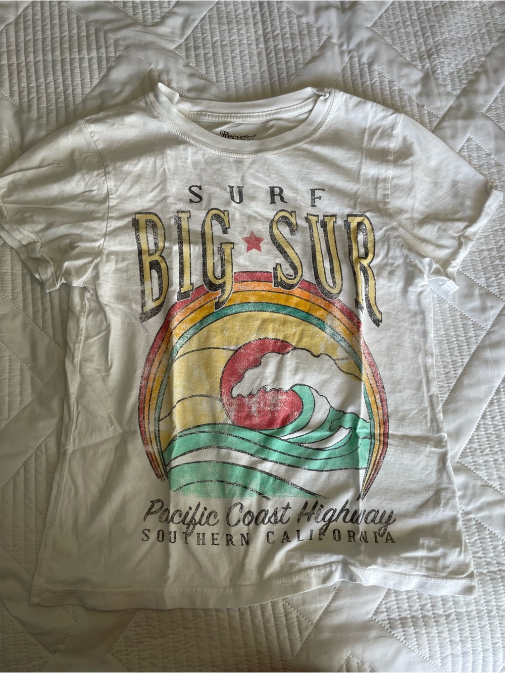 Anthropologie Big Sur White cotton t-shirt with rainbow wave graphic, size XS